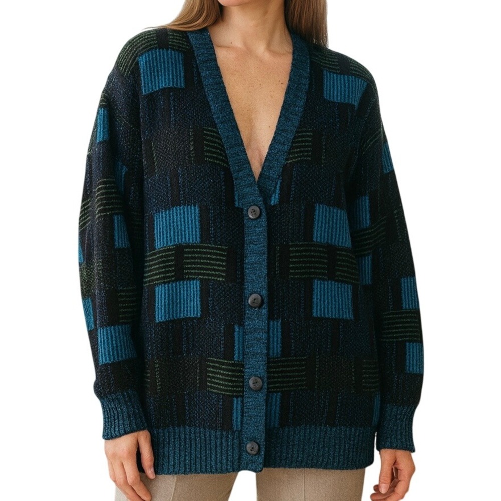Vintage Sostanza Geometric Oversized Cardigan Sweater‎ Blue Black Large